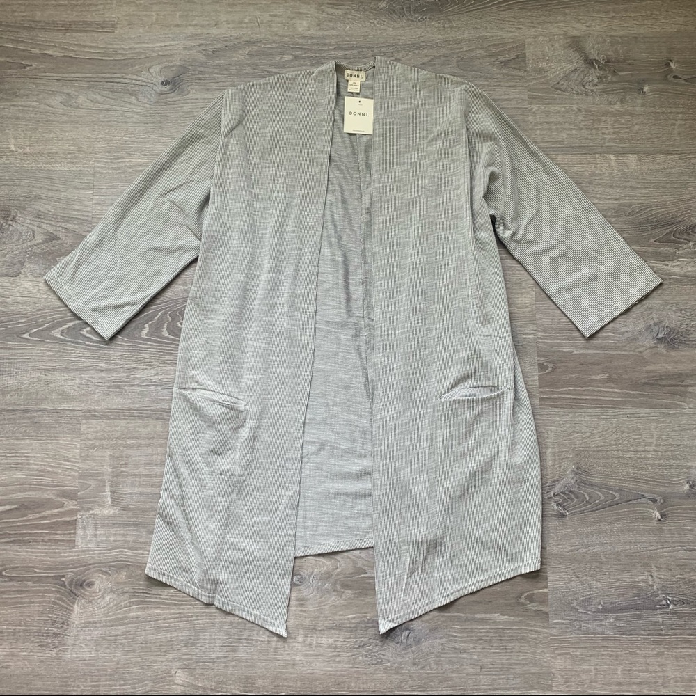 ANTHRO DONNI Grey White Ribbed Pinstripe Open Front Sandwash Cardigan NWT